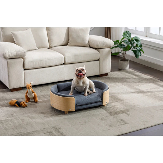 Scandinavian Style Elevated Dog Bed Pet Sofa with Solid Wood Legs, Bent Wood Back, Velvet Cushion, Mid-Size, Dark Grey