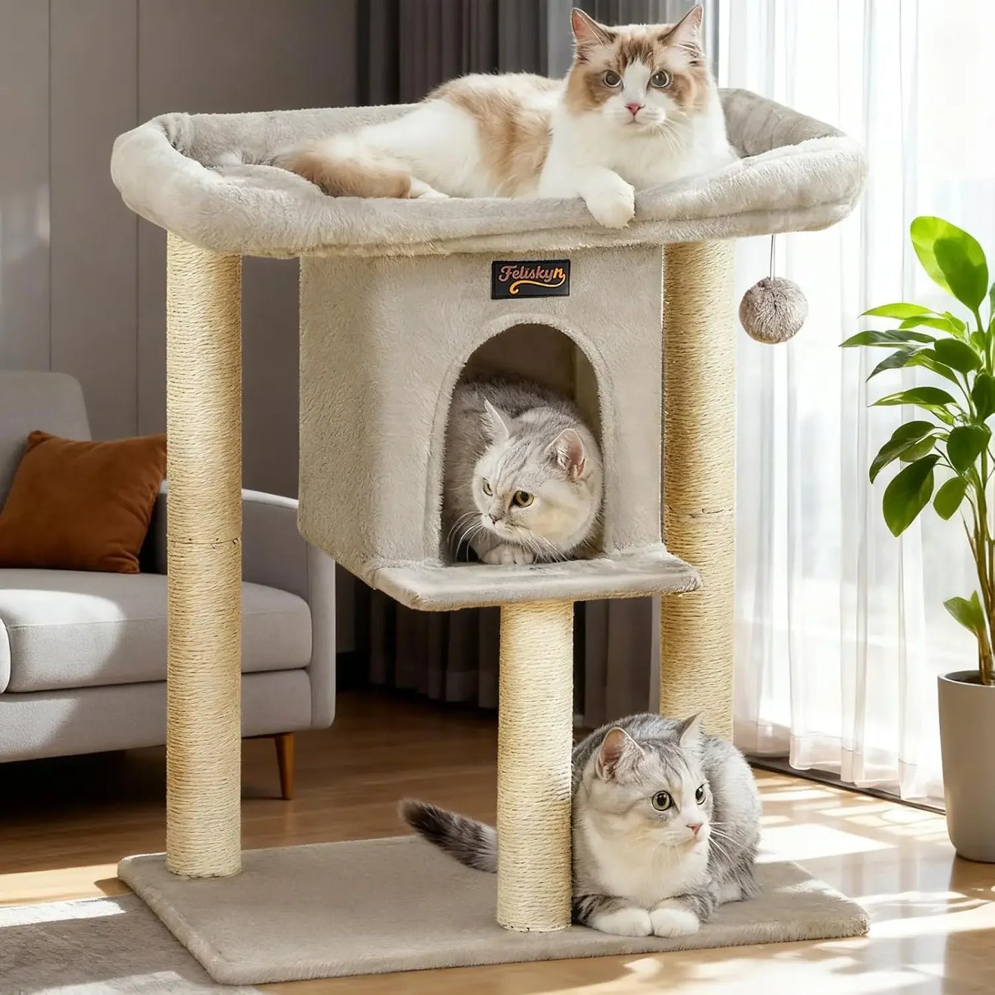 Cat Tree Tower Scratching Post for Indoor Large Cats, 28in with Perch Bed, Condo Cave, Toy Balls, Modern Climbing Furniture (Light Gray)