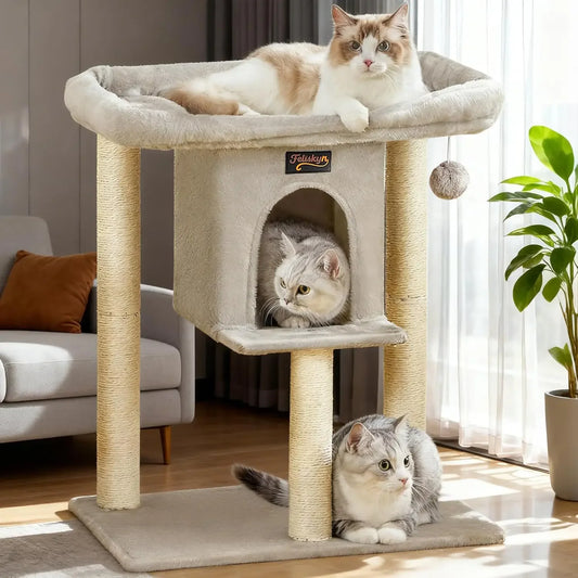 Cat Tree Tower Scratching Post for Indoor Large Cats, 28in with Perch Bed, Condo Cave, Toy Balls, Modern Climbing Furniture (Light Gray)