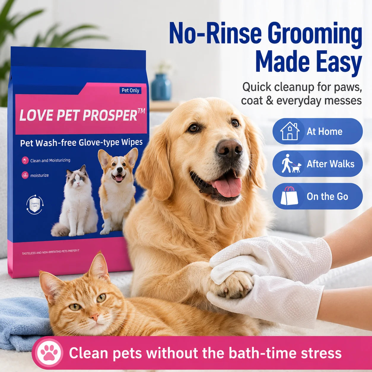 Pet Cleaning Glove Wipes for Dogs & Cats, No-Rinse Grooming Wipes Gloves, Disposable Textured Pet Bath Wipes for Paws, Coat, Dander & Odor Control, Soft Moisturizing Deodorizing Pet Wipes, 10 Count