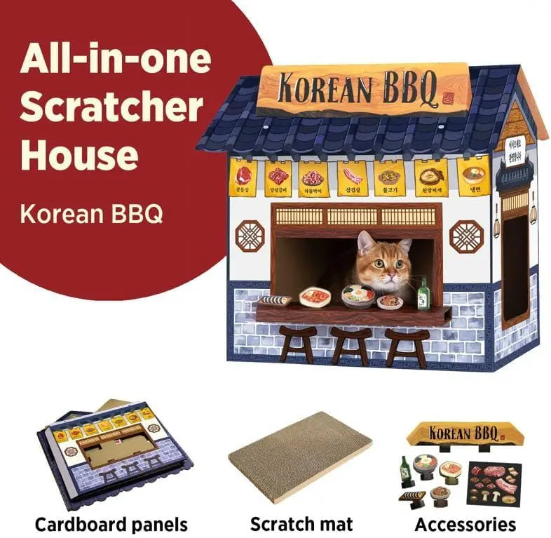 Cardboard Cat House with Scratcher, Large Cat Cave Bed for Indoor Cats, Easy Assembly, Korean BBQ Design, Pet Furniture
