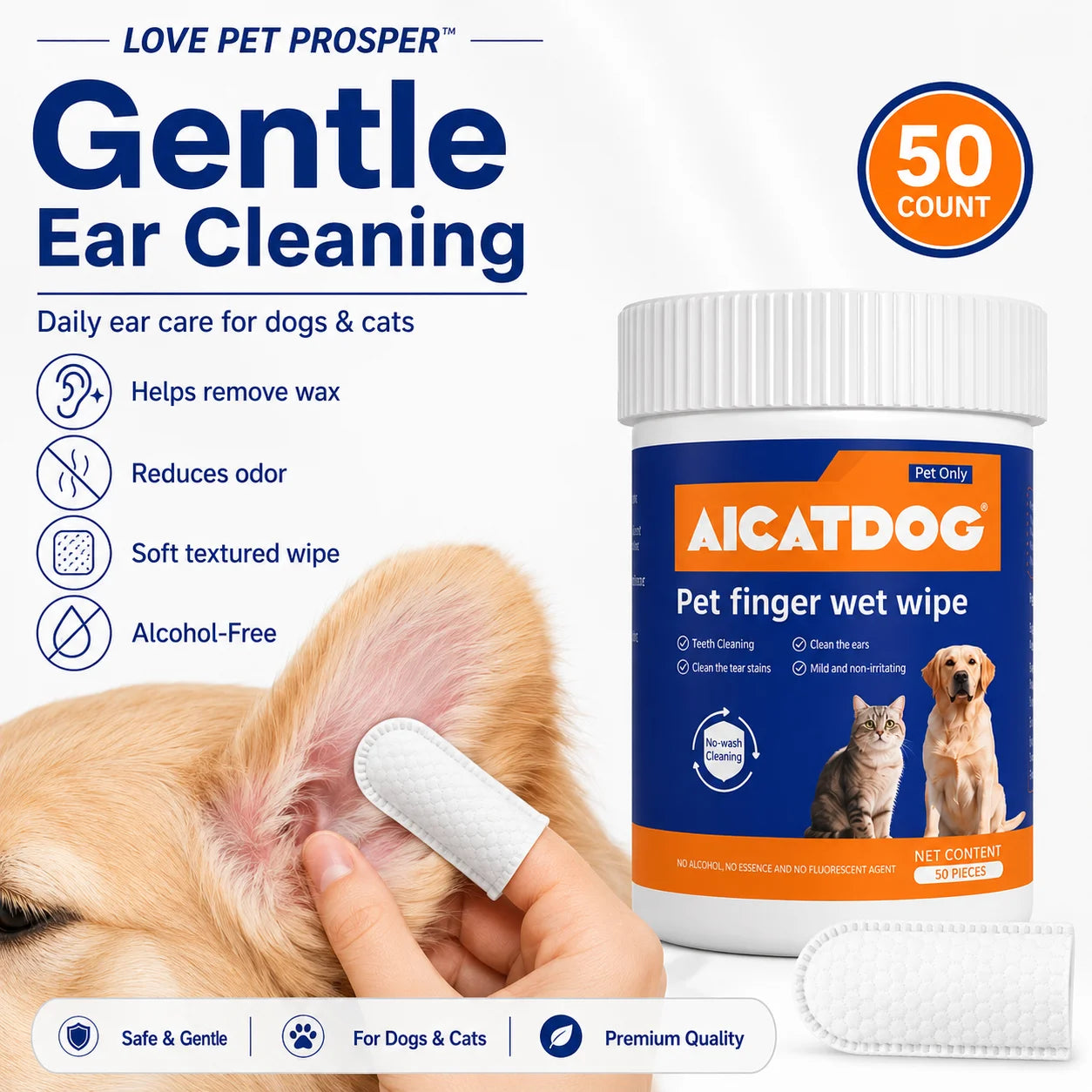 Pet Finger Wipes for Dogs & Cats, 50 Count Dog Dental Wipes & Cat Ear Wipes, Soft Finger Cot Pet Cleaning Wipes for Teeth, Ears & Tear Stains, Alcohol-Free Aloe Vera Grooming Wipes
