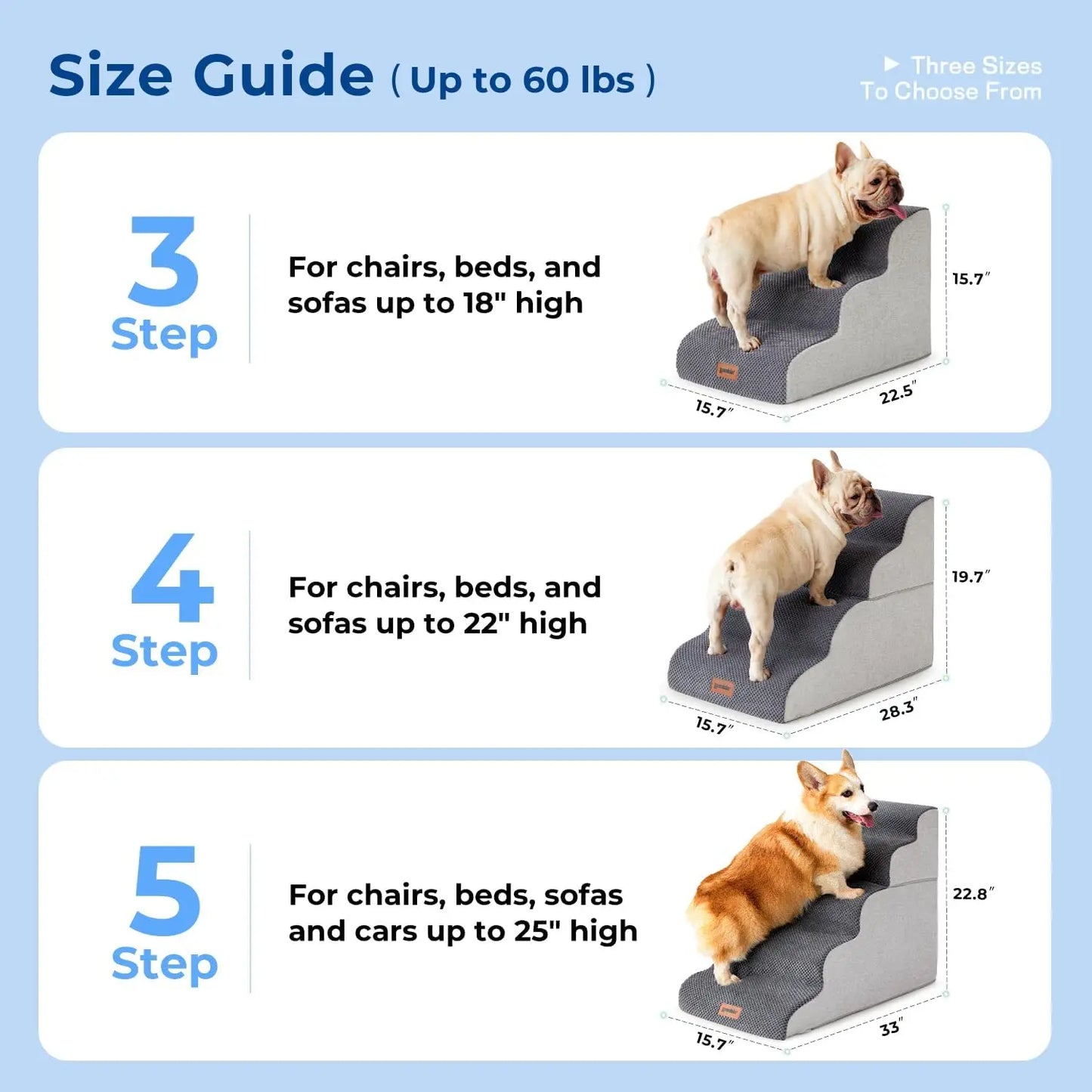 5 Step Dog Stairs for High Beds Up to 25", Non-Slip Foam Pet Ramp, Grey