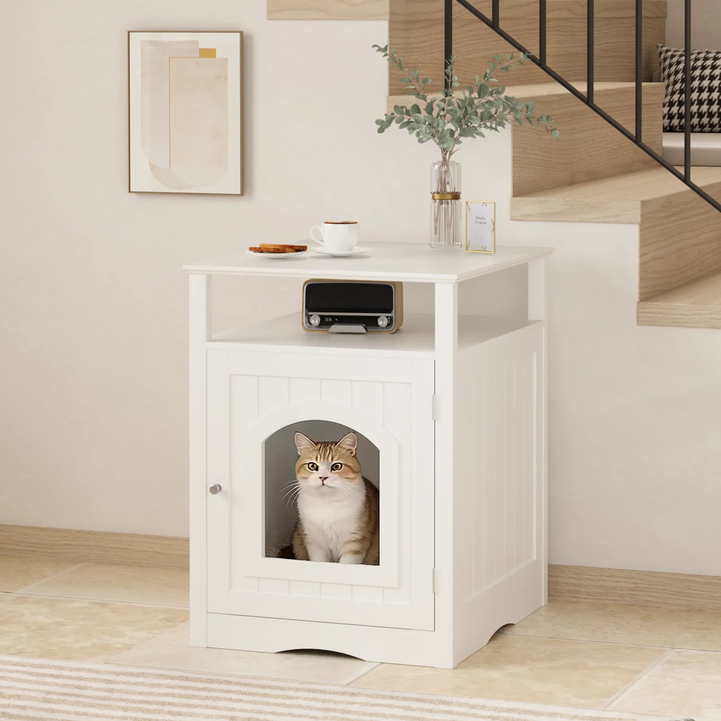 Hidden Cat Litter Box Enclosure Wooden Indoor Cat House Furniture Cabinet with Storage Shelf Modern Nightstand Side Table White