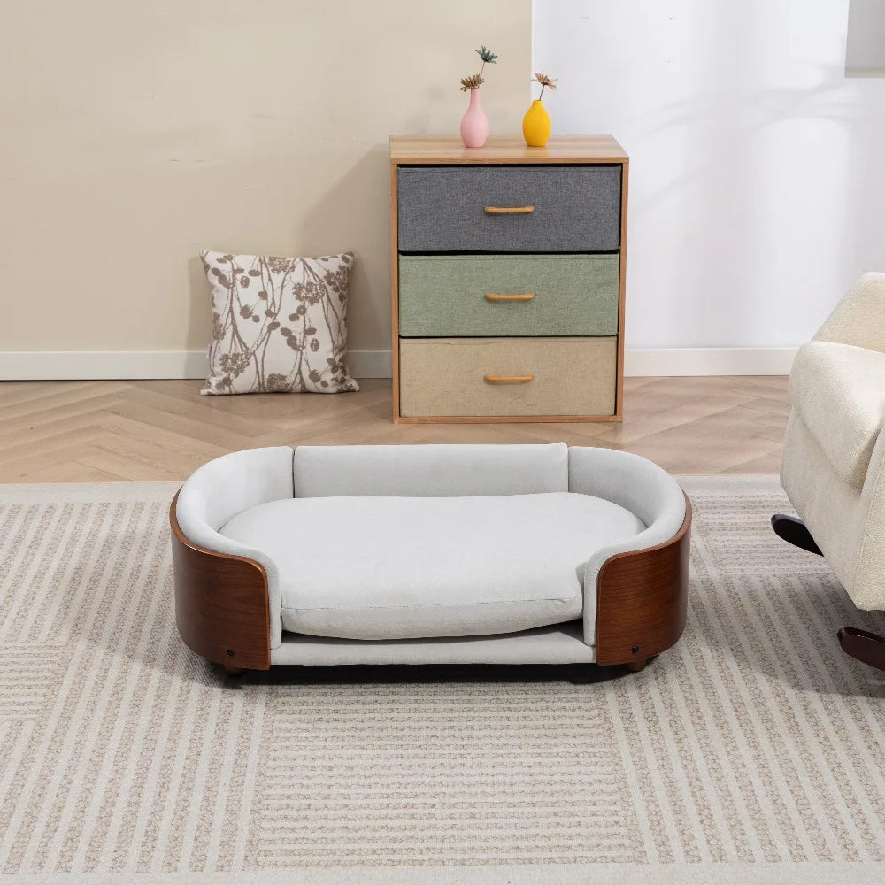 Scandinavian Style Elevated Dog Bed Pet Sofa with Solid Wood Legs, Bent Wood Back and Velvet Cushion, Large Size