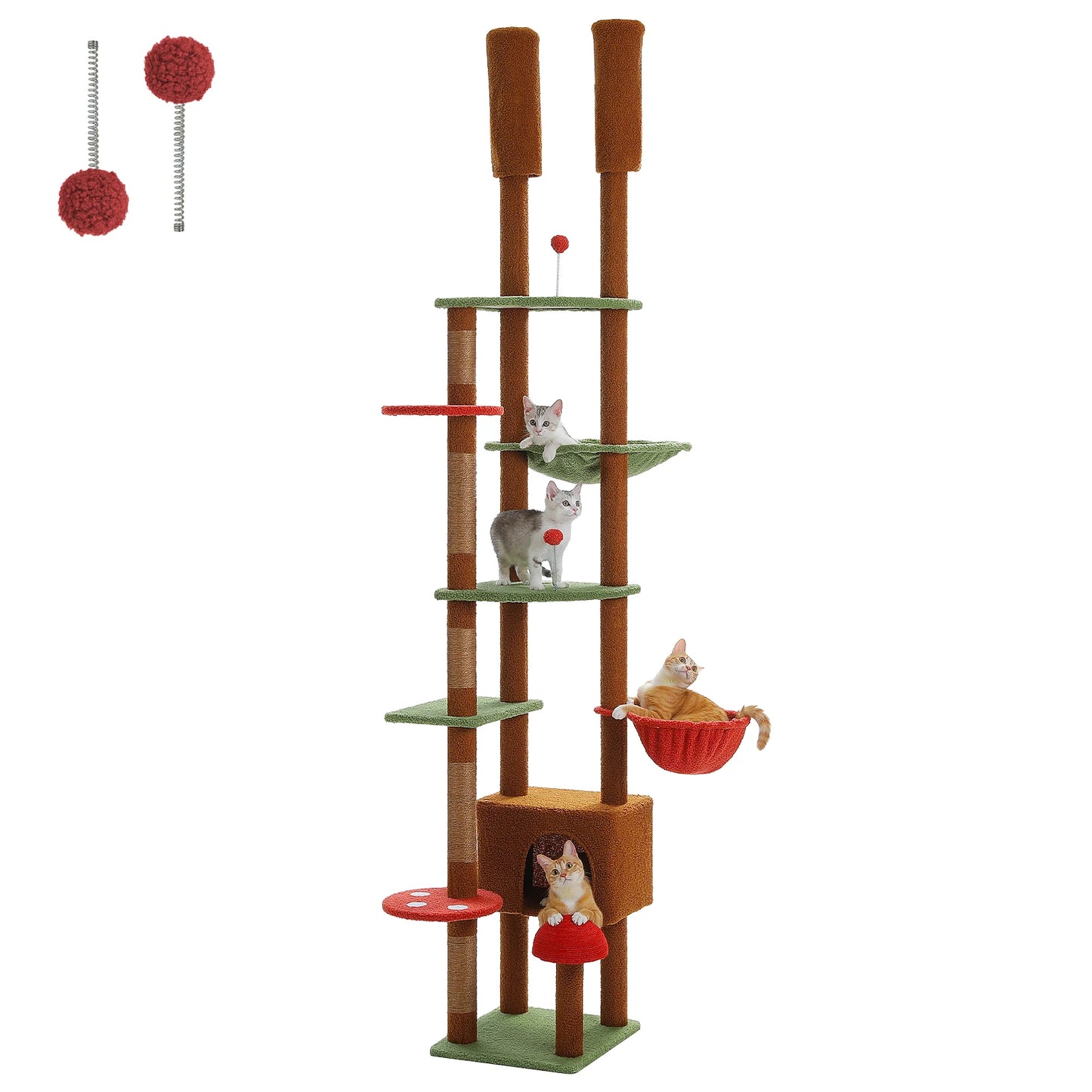 Height-Adjustable Wooden Cat Tree with Hammock & Sisal Posts