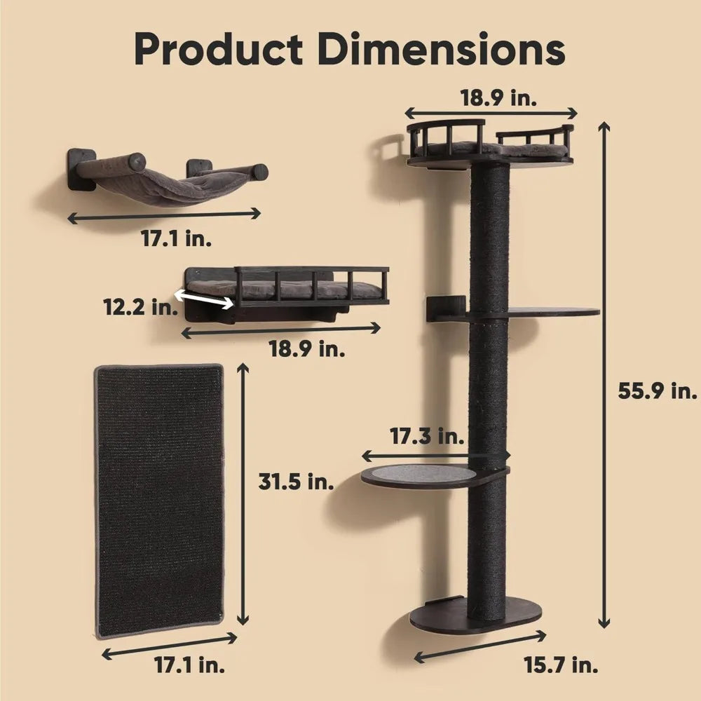 4 in 1 Cat Wall Shelves: Hammock, Bed, Perch & Scratching Mat, Wooden Wall-Mounted Furniture Set (Black)