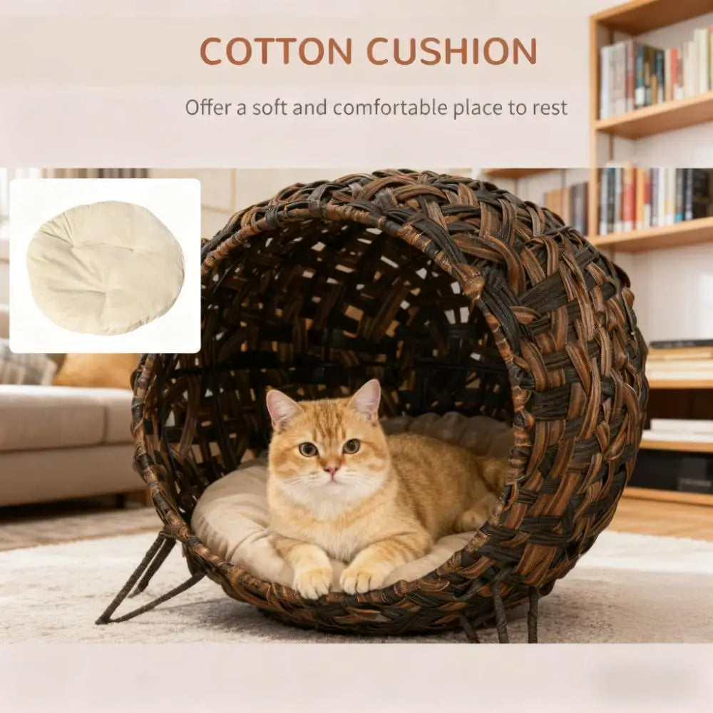 Ye Elevated Hand-woven Braided Banana Leaf Kitten House Condo with Cushion, Weaved Cat Bed