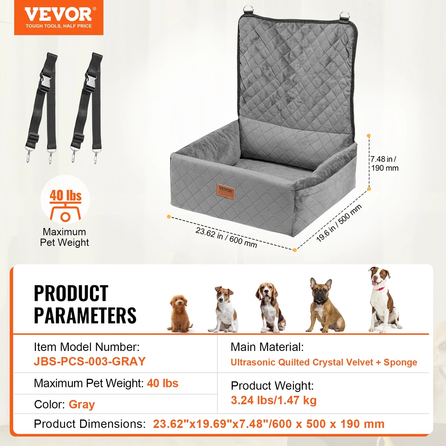 Waterproof Dog Car Booster Seat with Safety Leash