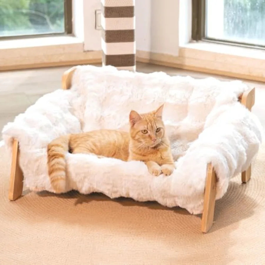 Elevated Cat Couch Bed for Indoor Cats, Wooden Cat Sofa with Removable Washable Fluffy Cover Raised Kitty Lounge Chair Suitable