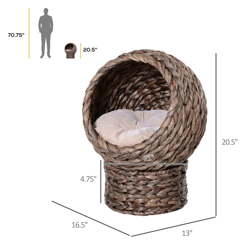 PawHut Handwoven Elevated Cat Bed with Soft Cushion, Egg Chair Shape, Stand, 23.5" H, Gray for Indoor Cats