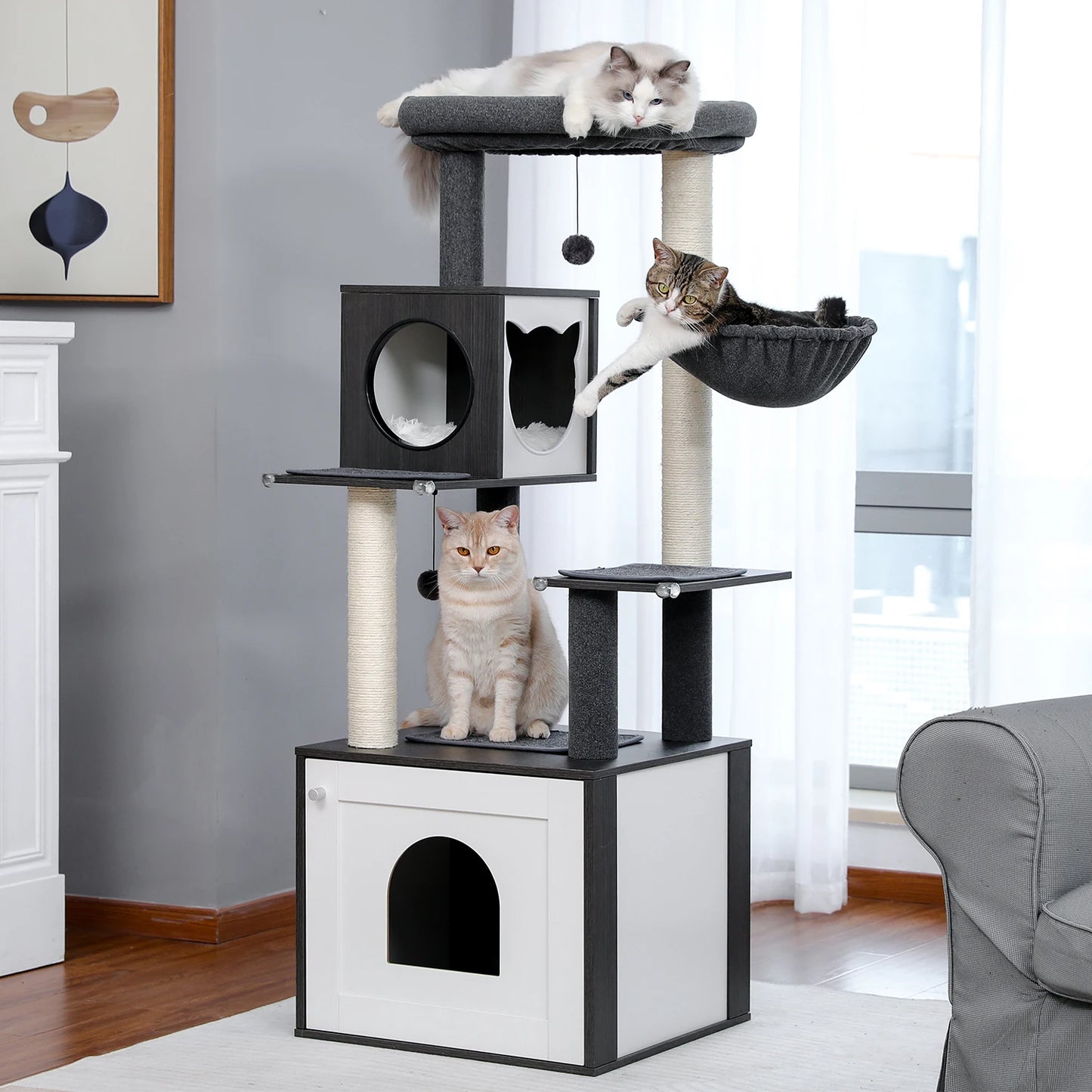 Multi-Level Wood Cat Tree with Condo, Hammock & Perch