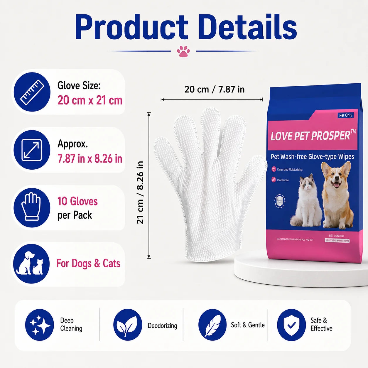 Pet Cleaning Glove Wipes for Dogs & Cats, No-Rinse Grooming Wipes Gloves, Disposable Textured Pet Bath Wipes for Paws, Coat, Dander & Odor Control, Soft Moisturizing Deodorizing Pet Wipes, 10 Count
