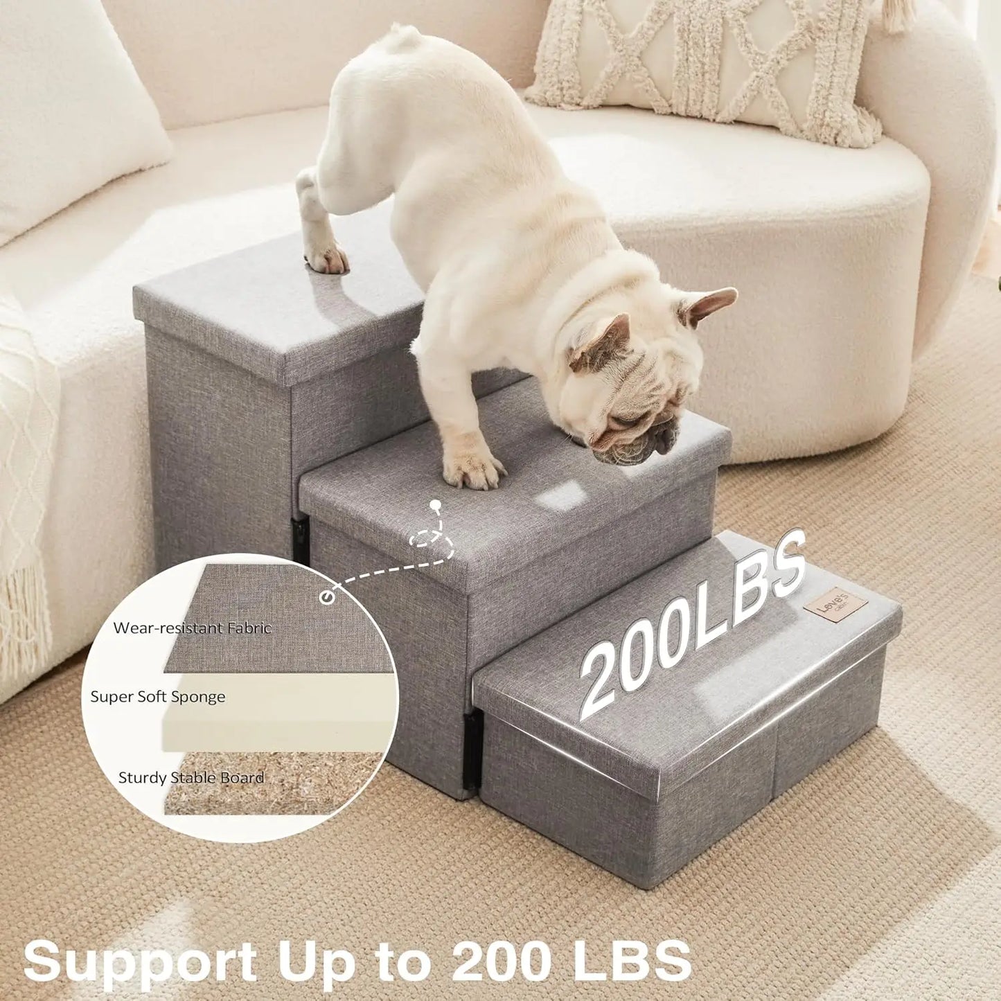 Foldable Dog Stairs for High Bed 18" H, 3-Step Pet Ramp with Storage, Supports up to 200 lbs, Solid Grey