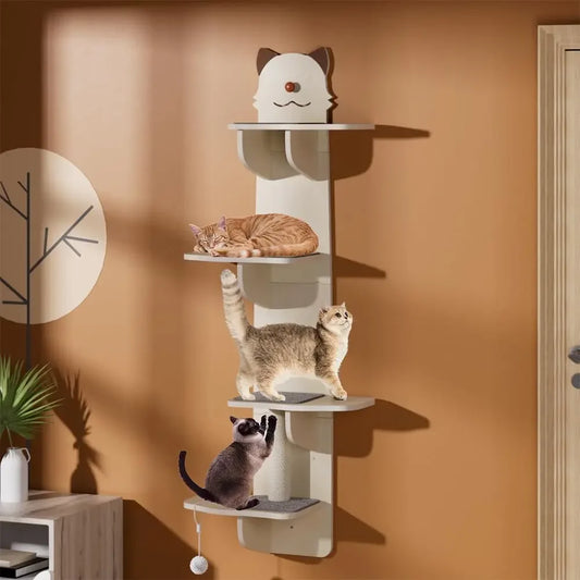Wall-Mounted Cat Shelves Set - 4 Steps, Solid Wood, Hammock & Perch