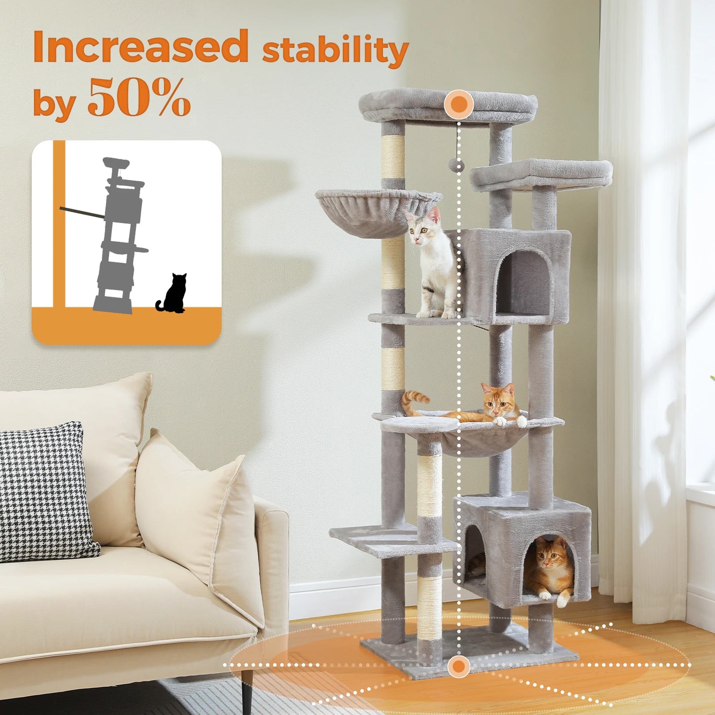 Tall Cat Tree Tower with Large Hammock, Condo & Scratching Posts