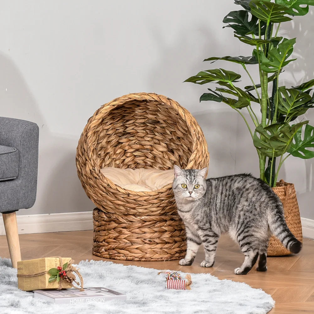 PawHut Handwoven Elevated Cat Bed with Soft Cushion, Egg Chair Shape, Basket Bed with Stand, 23.5" H, Brown for Indoor Cats