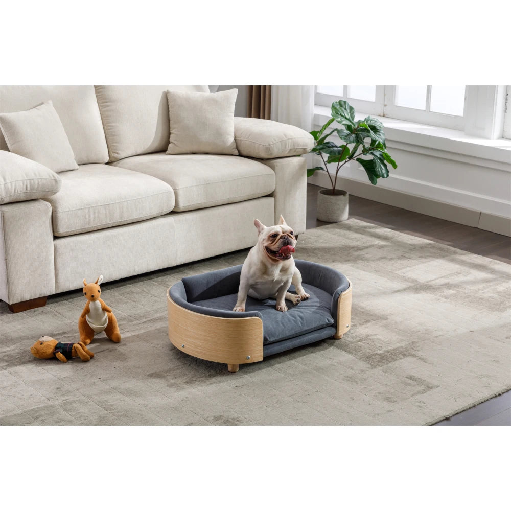 Scandinavian Style Elevated Dog Bed Pet Sofa with Solid Wood Legs, Bent Wood Back, Velvet Cushion, Mid-Size, Dark Grey