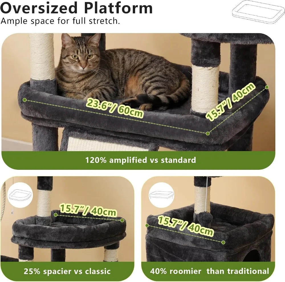 72.4" Anti-Tip Cat Tree for Large Cats, Spacious Perches, Sisal Scratching Board, Smoky Gray