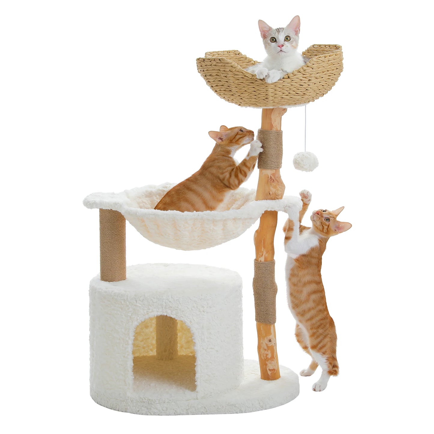 Modern Solid Wood Cat Tree with Wicker Basket & Condo
