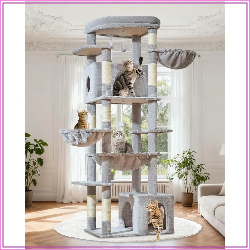 72-Inch XXL Cat Tower for Large Cats 25Lbs+, Extra-Large Platform, 2 Cat Houses, 7 Scratching Posts, Hammock & Basket, Light Gray