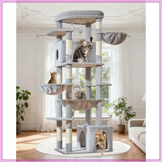 72-Inch XXL Cat Tower for Large Cats 25Lbs+, Extra-Large Platform, 2 Cat Houses, 7 Scratching Posts, Hammock & Basket, Light Gray