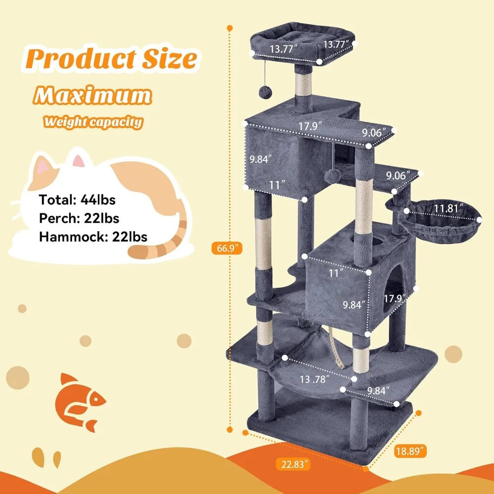 66 Inch Cat Tree Tower, Multi-Level Cat Climbing Tower with Sisal Scratching Posts, Hammock, Pet Condo for Indoor Cats, Dark Grey