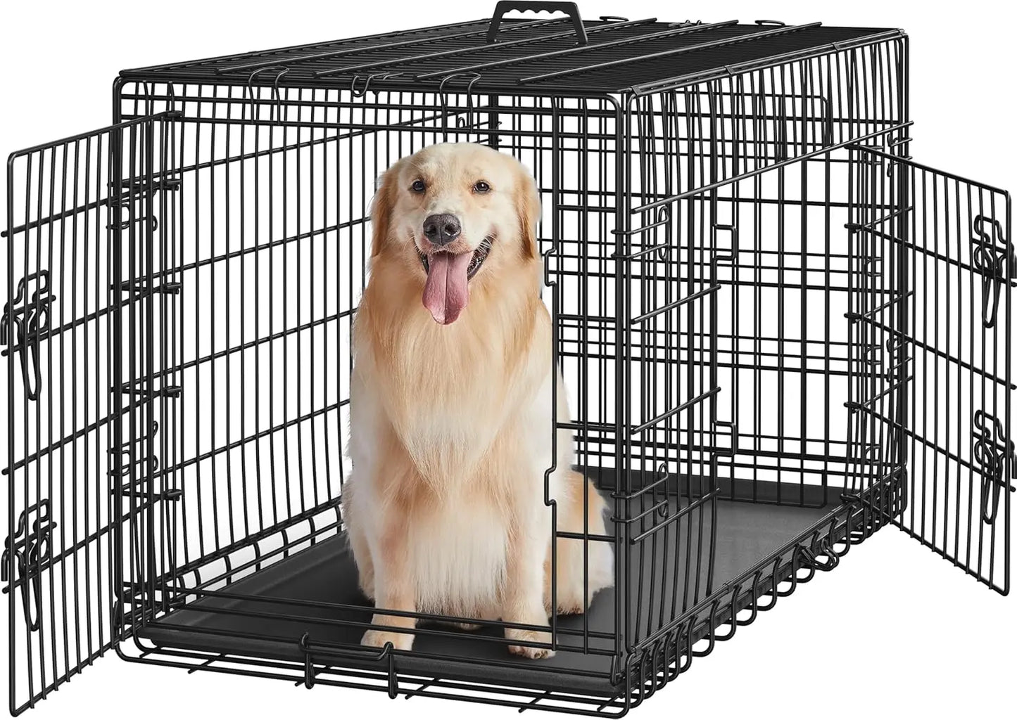 42" Double Door Dog Crate w/ Divider, Collapsible Metal Kennel for Large Dogs, Portable Travel Cage, Black