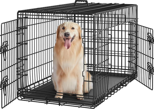 42" Double Door Dog Crate w/ Divider, Collapsible Metal Kennel for Large Dogs, Portable Travel Cage, Black