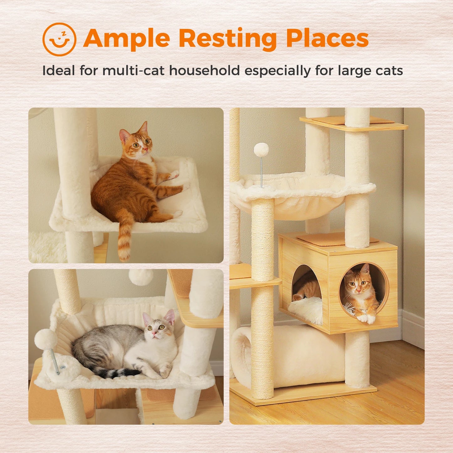 Height-Adjustable Wooden Cat Tree with Hammock & Sisal Posts