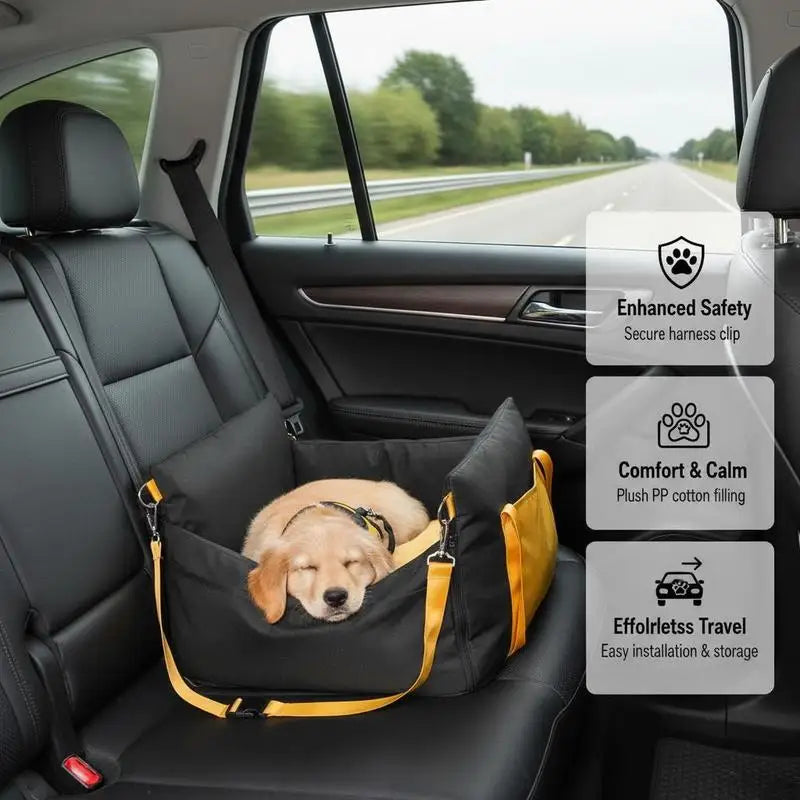 Dog car seat, dog booster seat with side handles and storage bag, attachable safety leash and PP cotton filling, dog car bed for small dogs up to 25 lbs, black