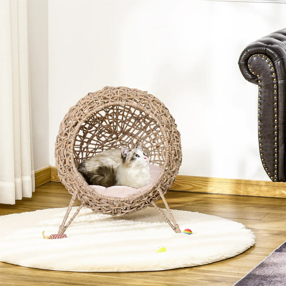 PawHut 20.5" Weaved Cat Bed: Elevated Hand-woven Braided Banana Leaf Kitten House Condo with Cushion, Beige