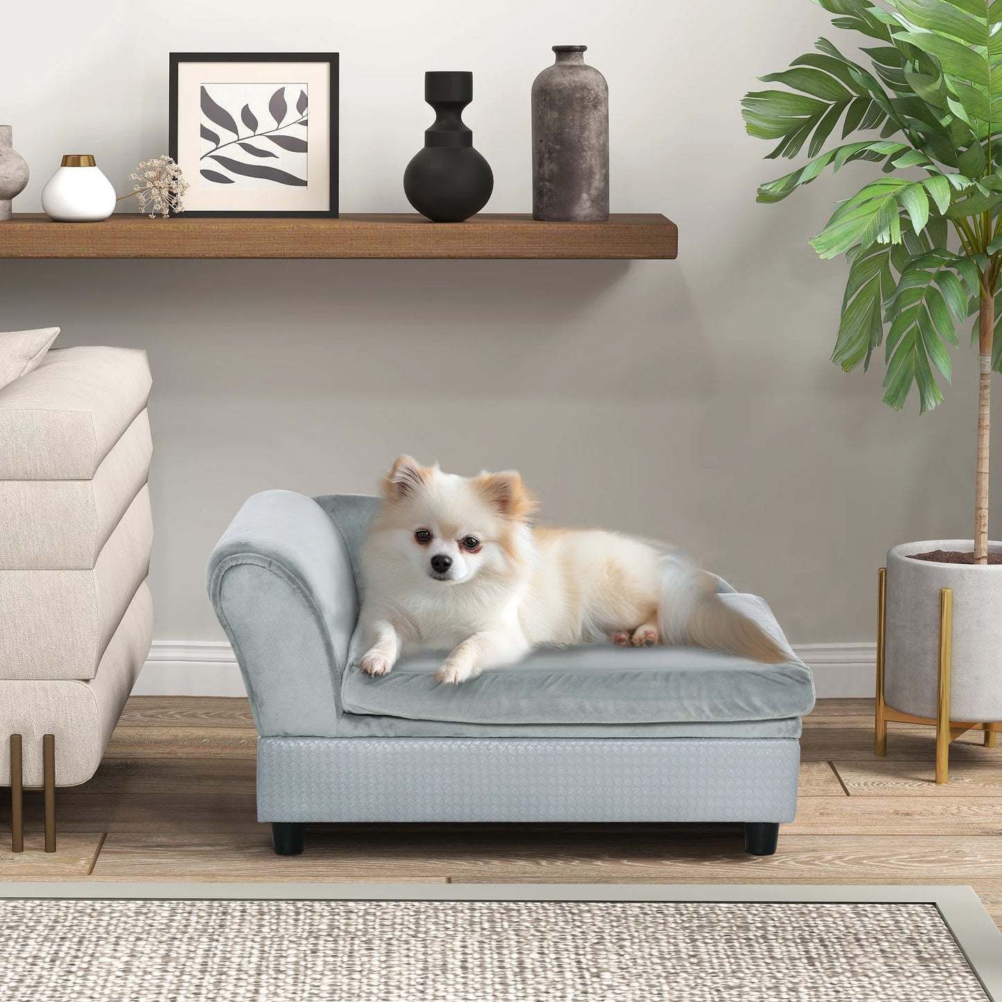 Luxury Dog Sofa Bed with Hidden Storage 2 Soft Foam Modern Pet Furniture for Puppies Pale Gray