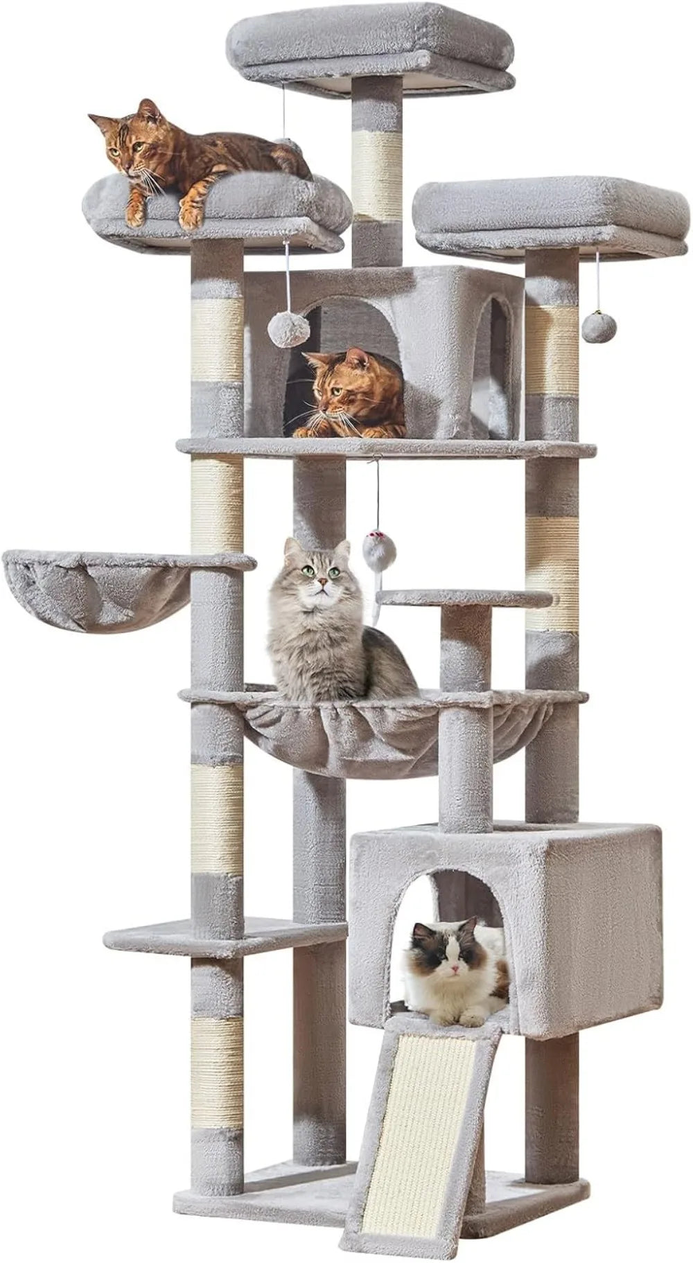 76-Inch XXL Cat Tree for Large Cats, Giant Tower with Scratching Board, Metal Hammock, 3 Perches, 7 Sisal Posts, 2 Condos, Light Gray