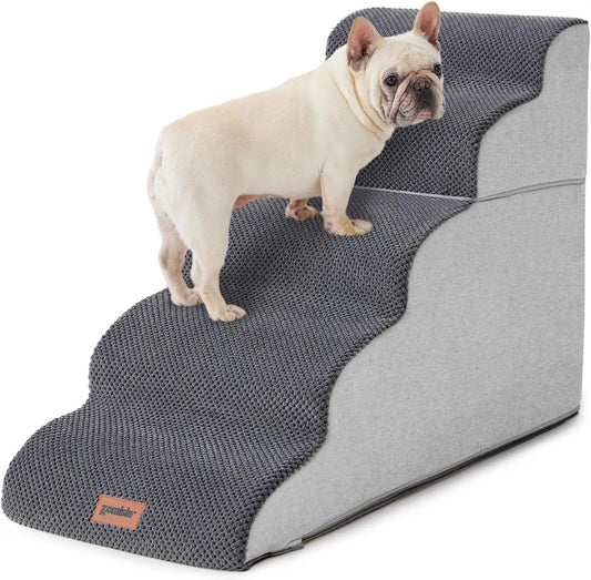 5 Step Dog Stairs for High Beds Up to 25", Non-Slip Foam Pet Ramp, Grey