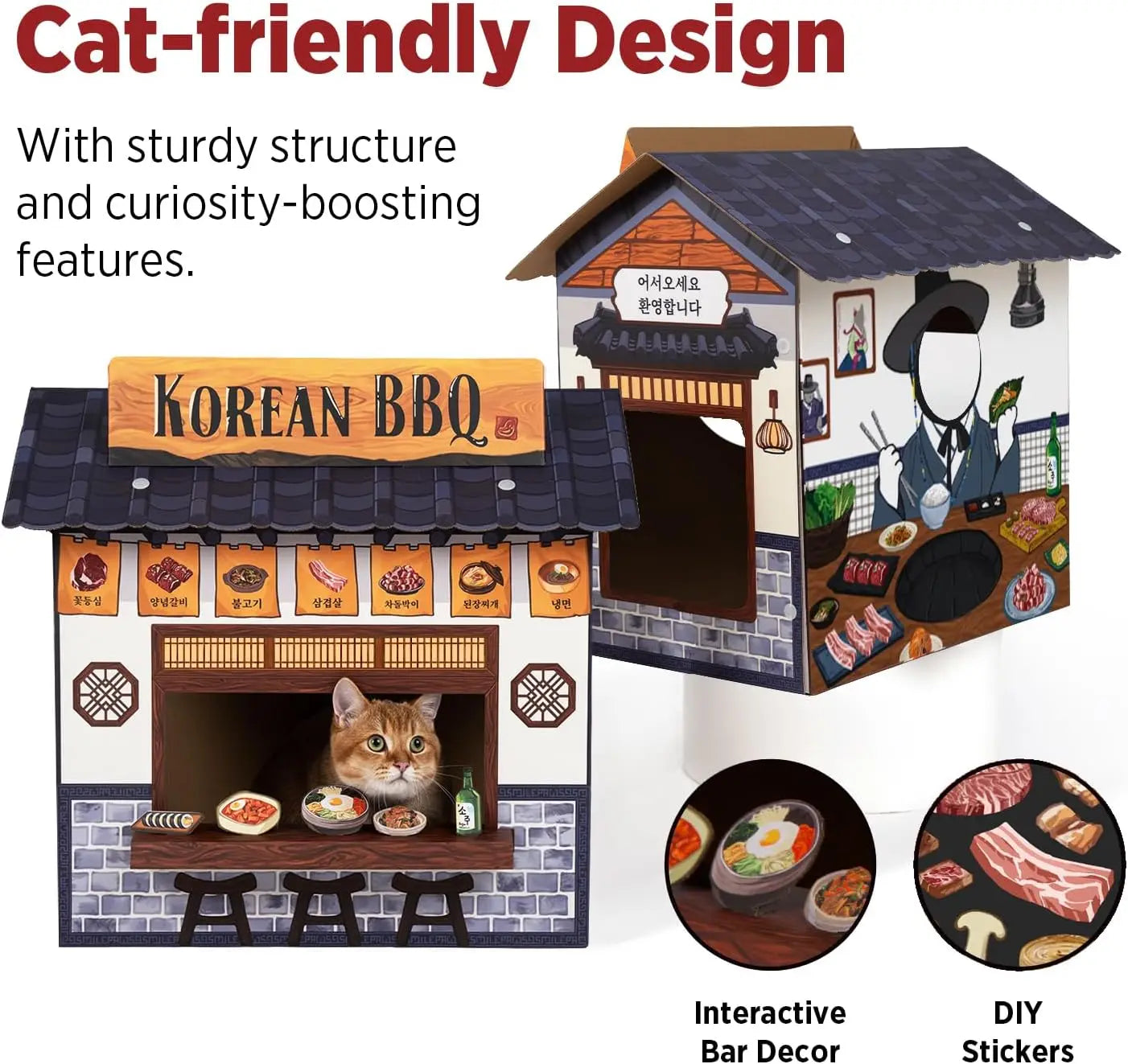 Cardboard Cat House with Scratcher, Large Cat Cave Bed for Indoor Cats, Easy Assembly, Korean BBQ Design, Pet Furniture