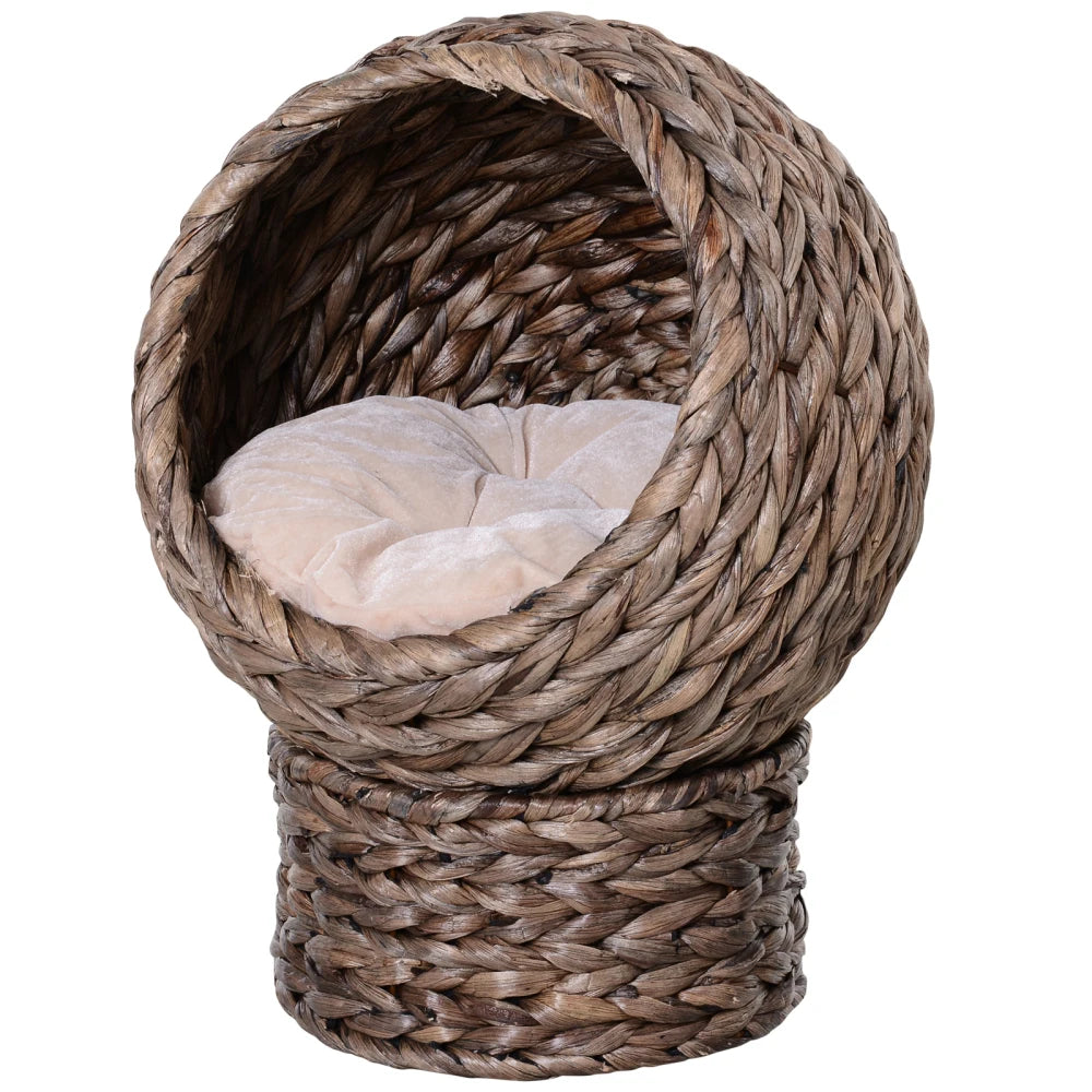 PawHut Handwoven Elevated Cat Bed with Soft Cushion, Egg Chair Shape, Stand, 23.5" H, Gray for Indoor Cats