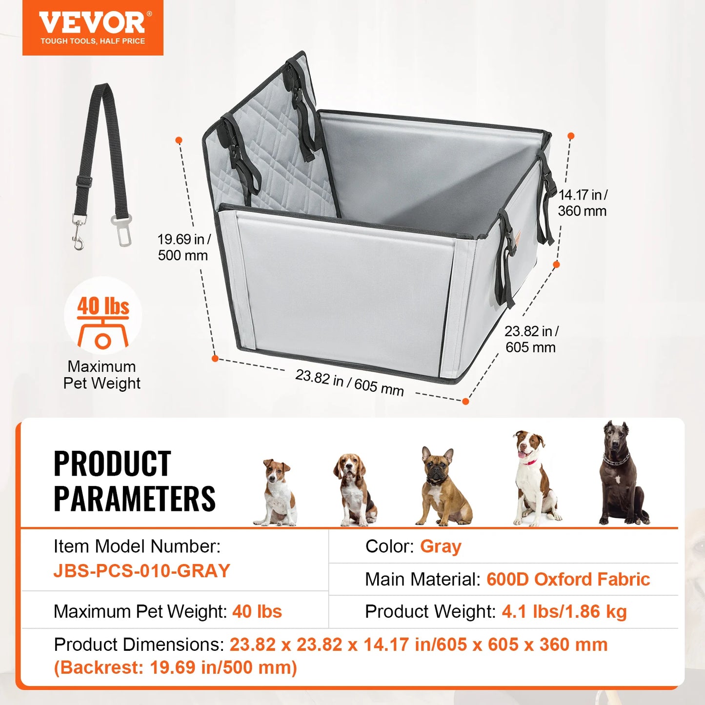 Waterproof Dog Car Booster Seat with Safety Leash