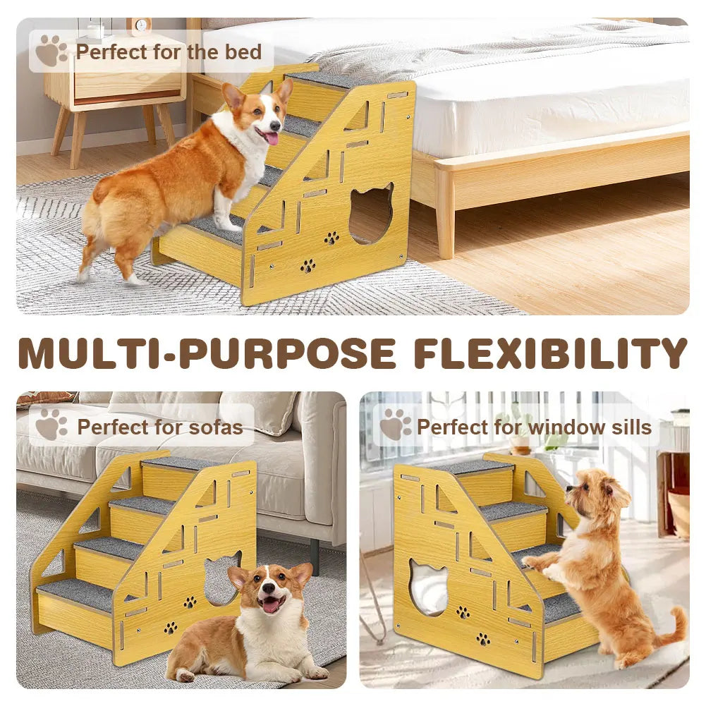 4-Step Wooden Pet Stairs Nonslip Carpeted Cat and Dog Steps Wooden Pet Ladder Pet Furniture for Dogs and Cats for Bed