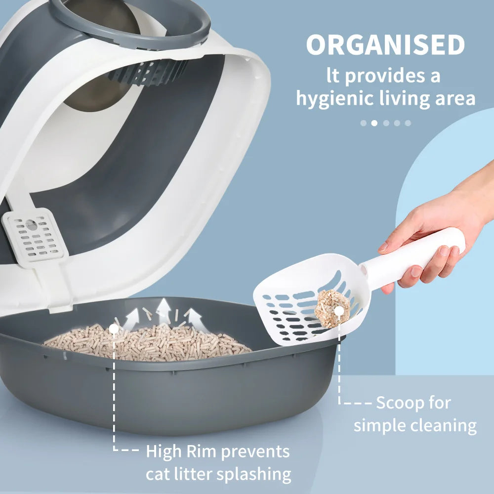 PawHut Cat Litter Box with Lid, High Sides, Air Freshener, Large Two-Way Entrance, Foldable, Easy Clean, White & Gray