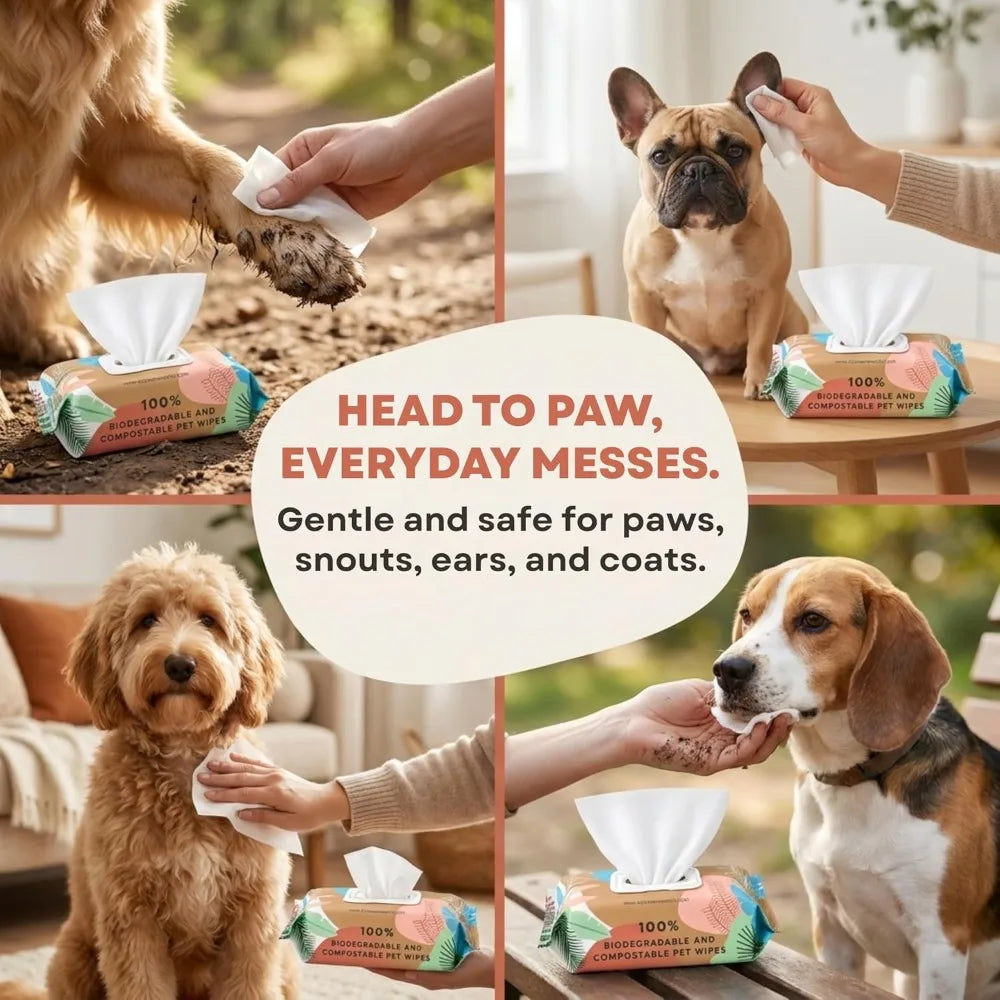 Plant-Based Pet Wipes, Hypoallergenic Dog & Cat Grooming Wipes for Face, Paws, Body, Unscented, Compostable, 100 Count
