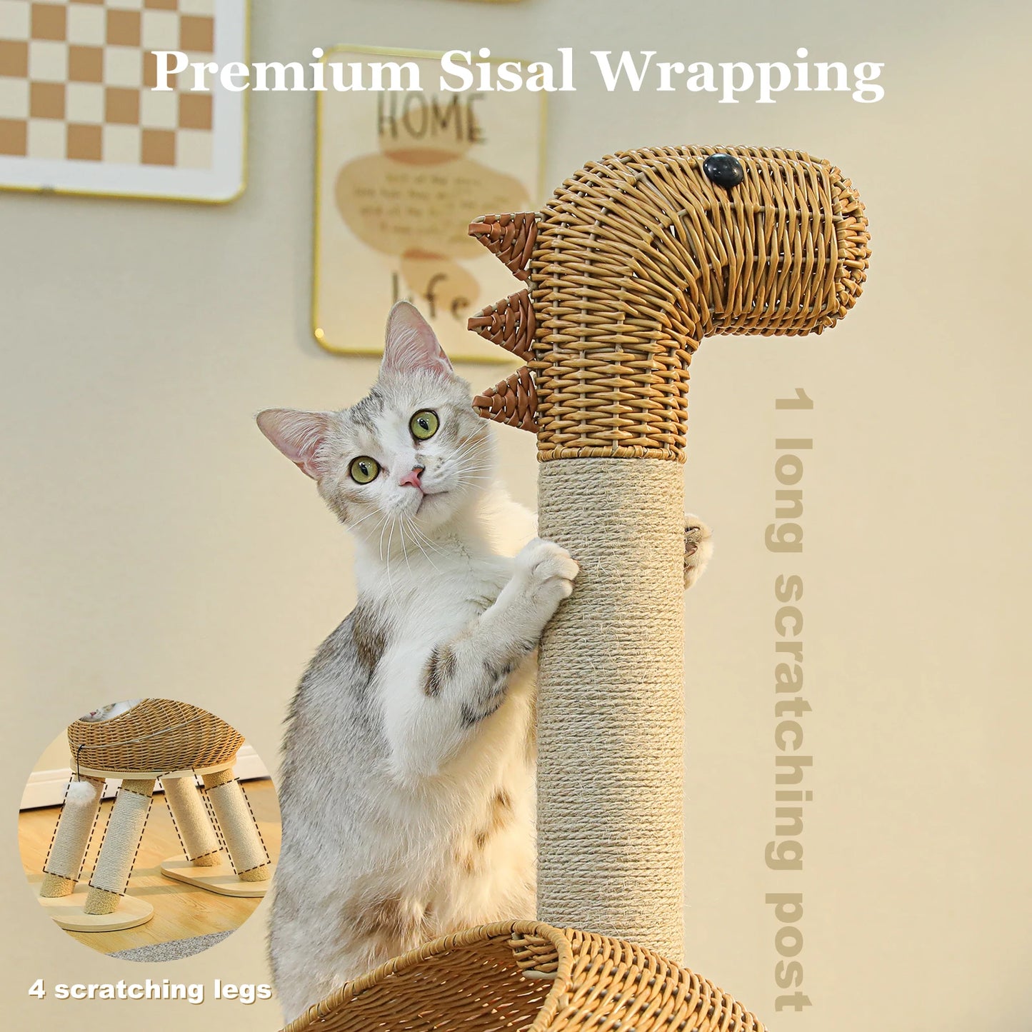 Dinosaur Cat Tree with Sisal Post & Rattan Condo Bed