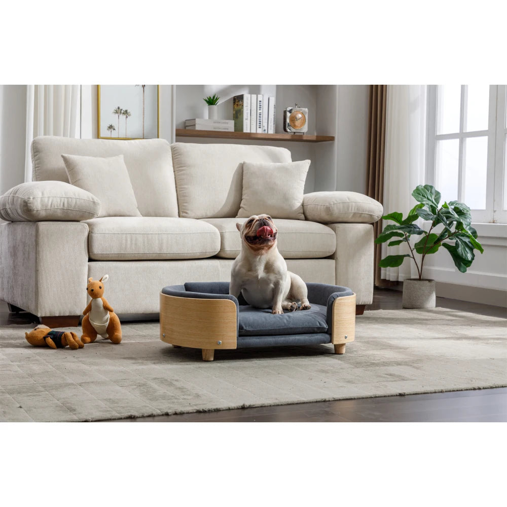 Scandinavian Style Elevated Dog Bed Pet Sofa with Solid Wood Legs, Bent Wood Back, Velvet Cushion, Mid-Size, Dark Grey