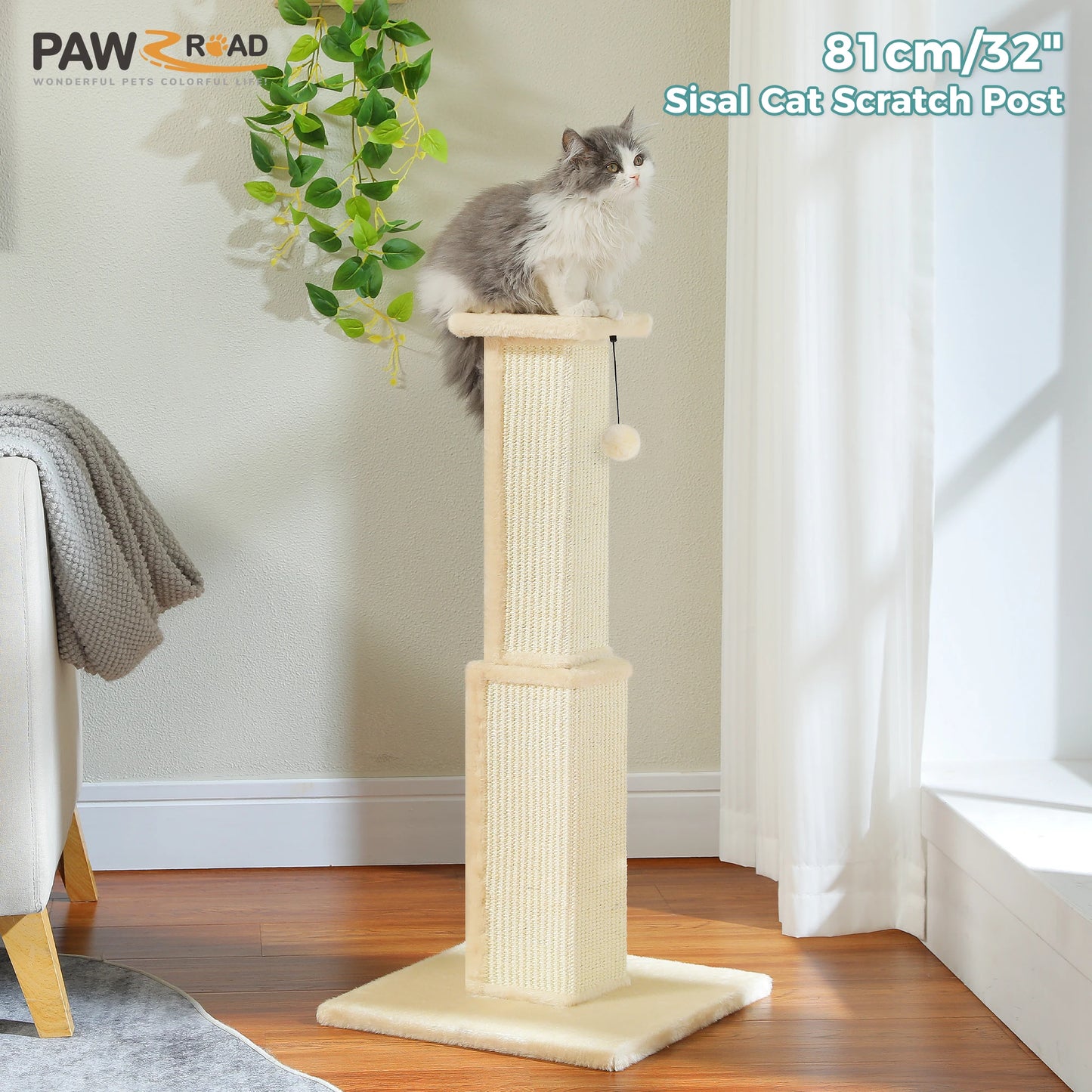 Large Cat Scratching Post with Woven Sisal & Dangling Ball