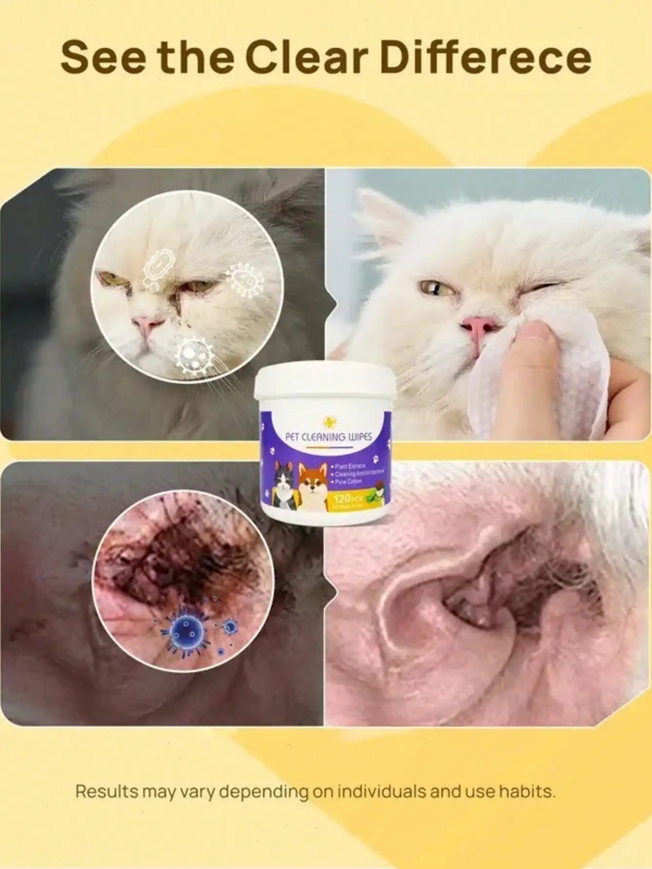 120 Gentle Pet Wipes: Natural & Soothing Eye, Face & Mouth Cleaning for Dogs & Cats - Tear Stain Remover, Ear & Tooth Finger Wipes, Pet Grooming Supplies