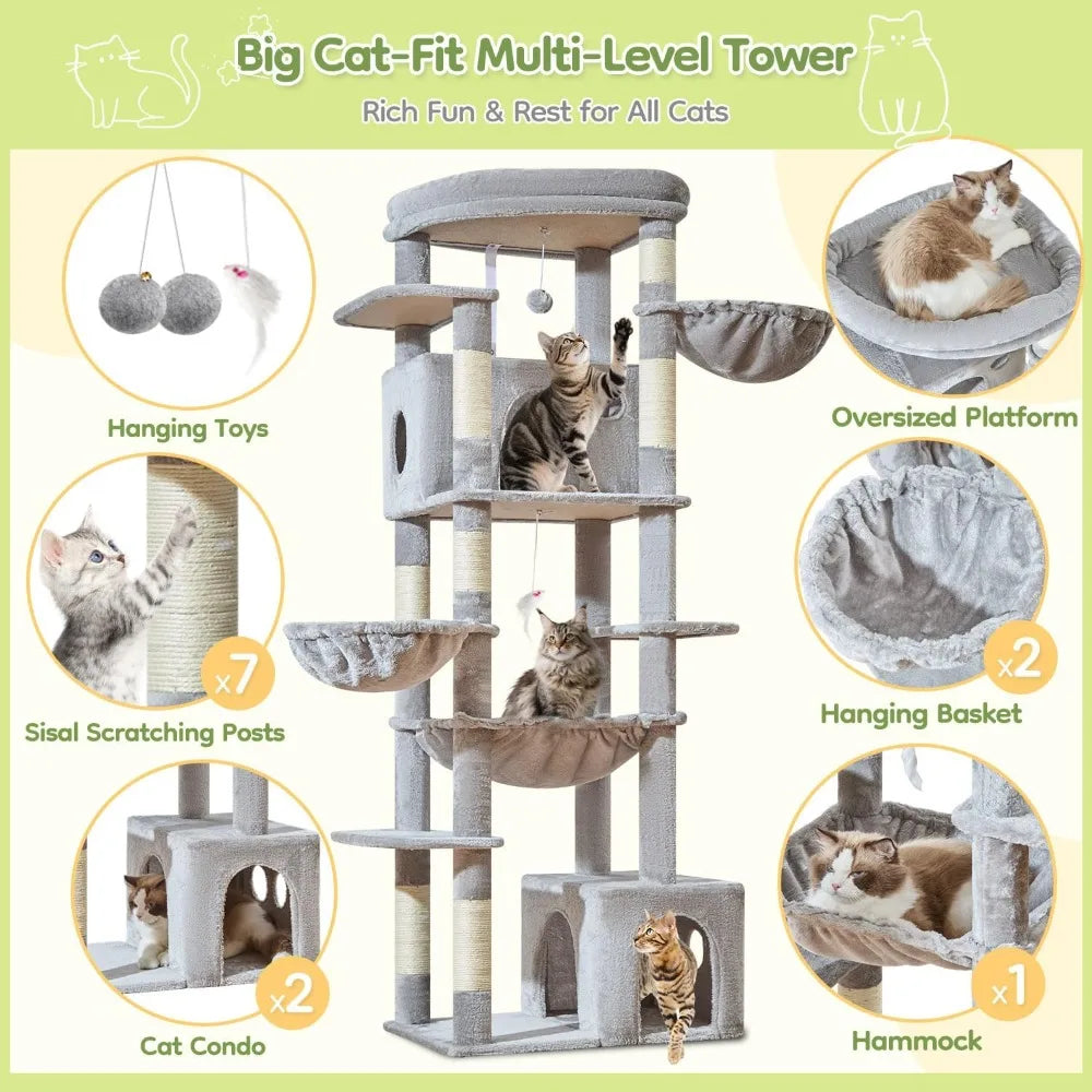 72-Inch XXL Cat Tower for Large Cats 25Lbs+, Extra-Large Platform, 2 Cat Houses, 7 Scratching Posts, Hammock & Basket, Light Gray