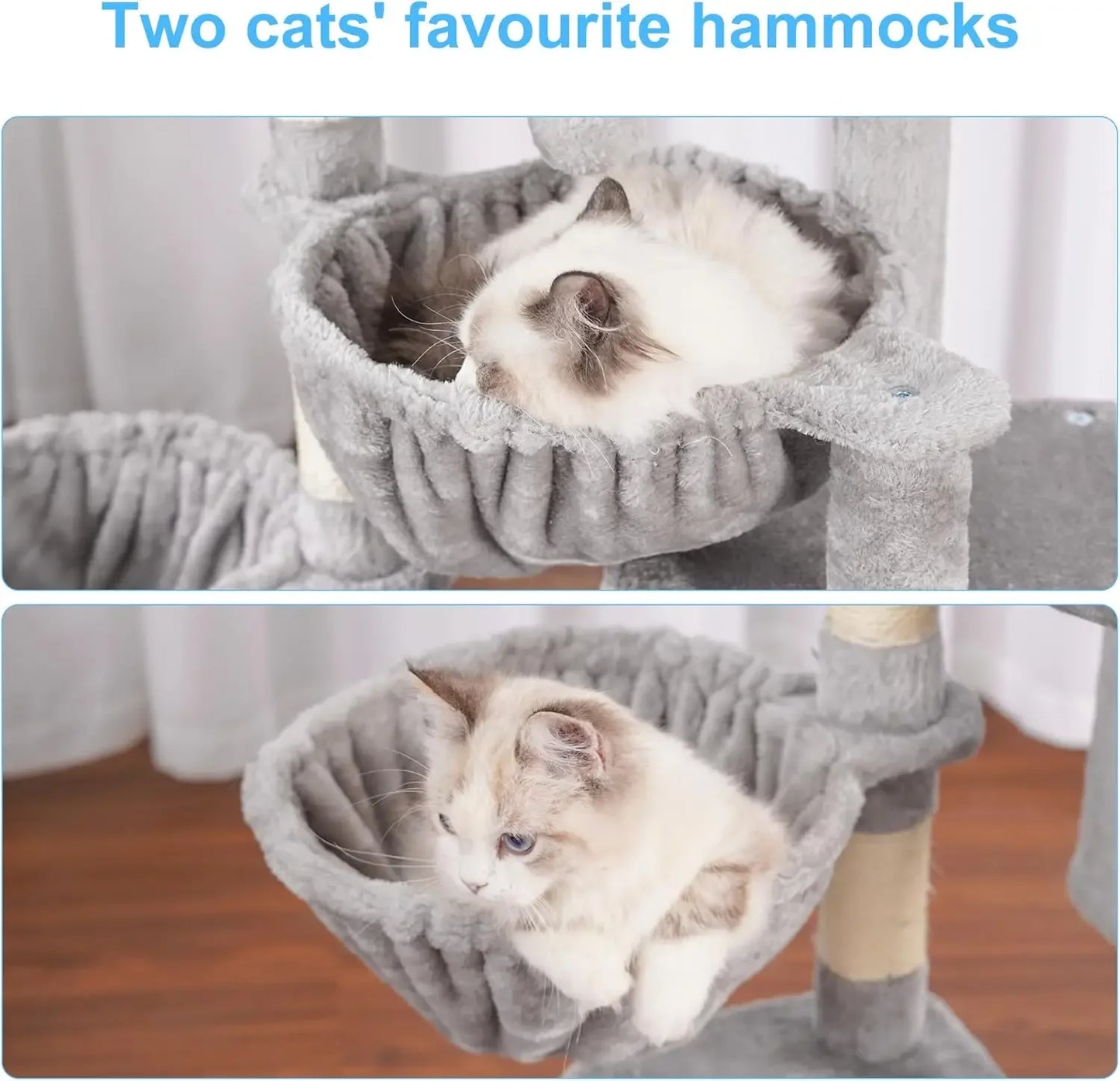 Cat Tree for Indoor Cats, Large Padded Bed, Hammocks, Sisal Scratching Posts, Light Gray