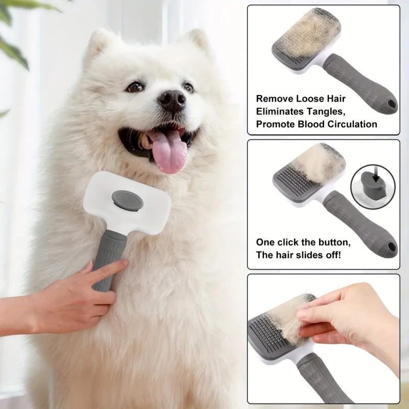 2-in-1 Pet Grooming Brush with Self-Cleaning Deshedder