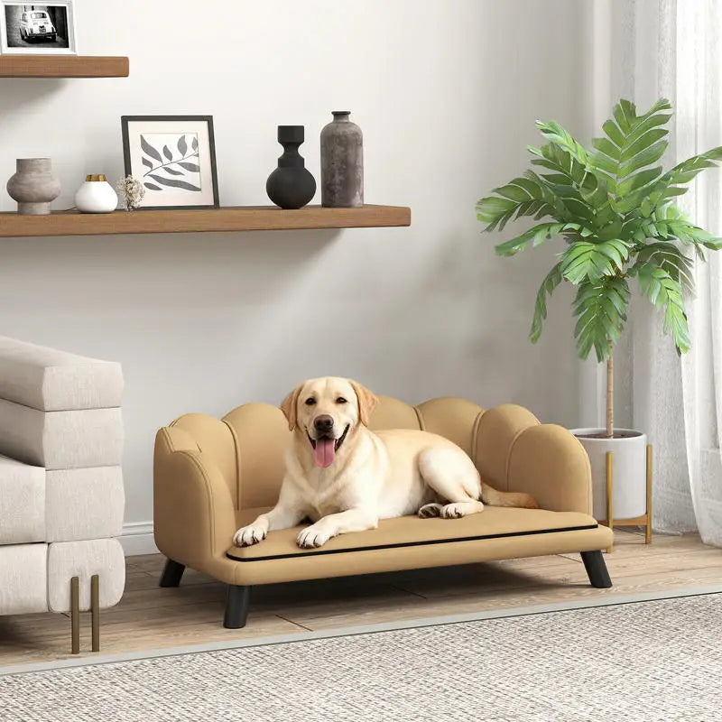PawHut Pearl Design Pet Sofa for Medium and Large Sized Dogs, Pet Bed with Cushion and Solid Wood Legs, Coffee