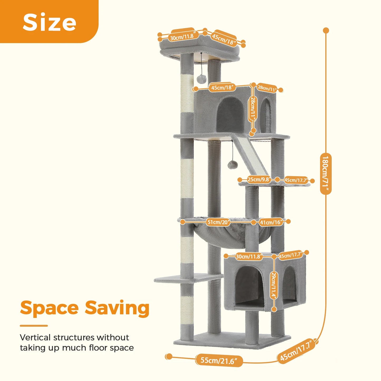 Tall Multi-Level Cat Tower for Large Cats with 2 Condos & Bed